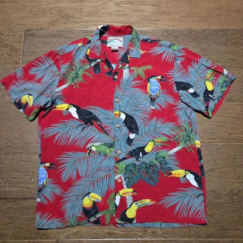 VTG Paradise Found Magnum PI Hawaiian Shirt Red Parrot Print Tom Selleck Mens M